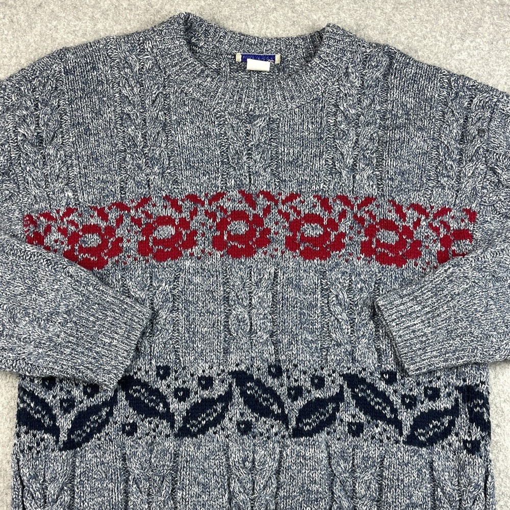 VTG French Navy Cable Knit Sweater Womens Medium USA Blue 80s Nordic Fair Isle